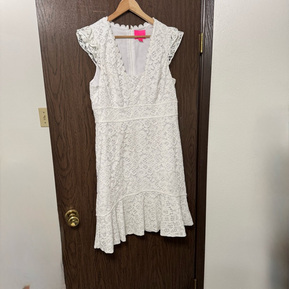 Lilly Pulitzer White Lace V‑Neck Flutter Sleeve Dress